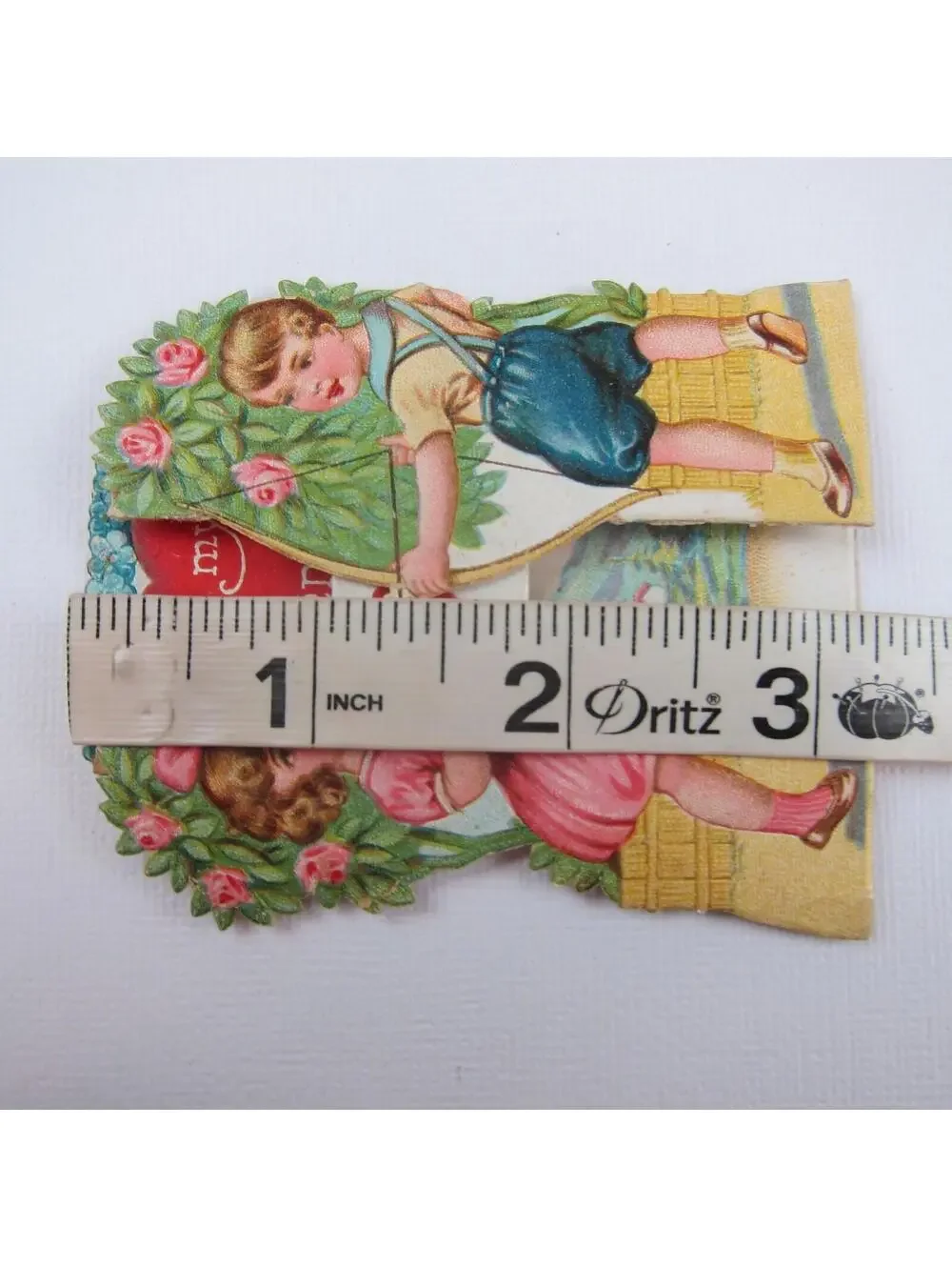 Vintage Valentine Boy Shoots Arrow Girl Pink Dress Holds Heart Target Mountains